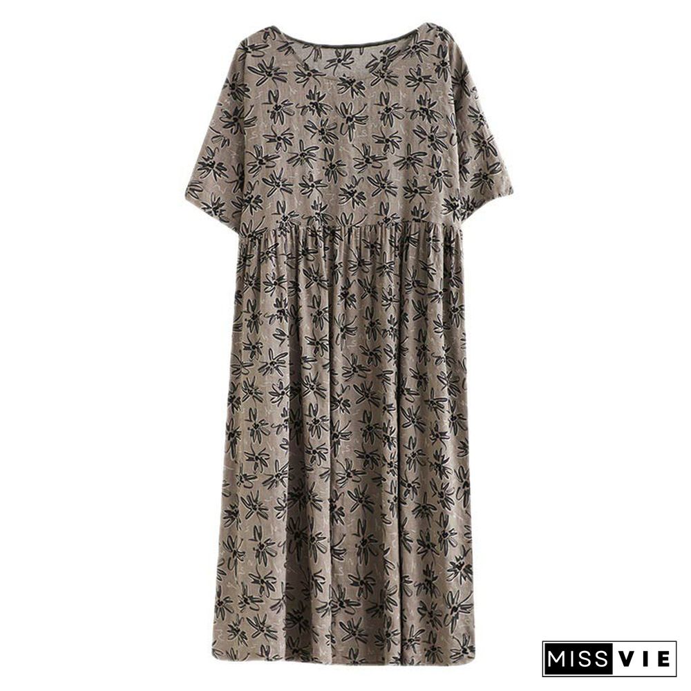 Vintage Floral Print Pocket Loose Linen Dress