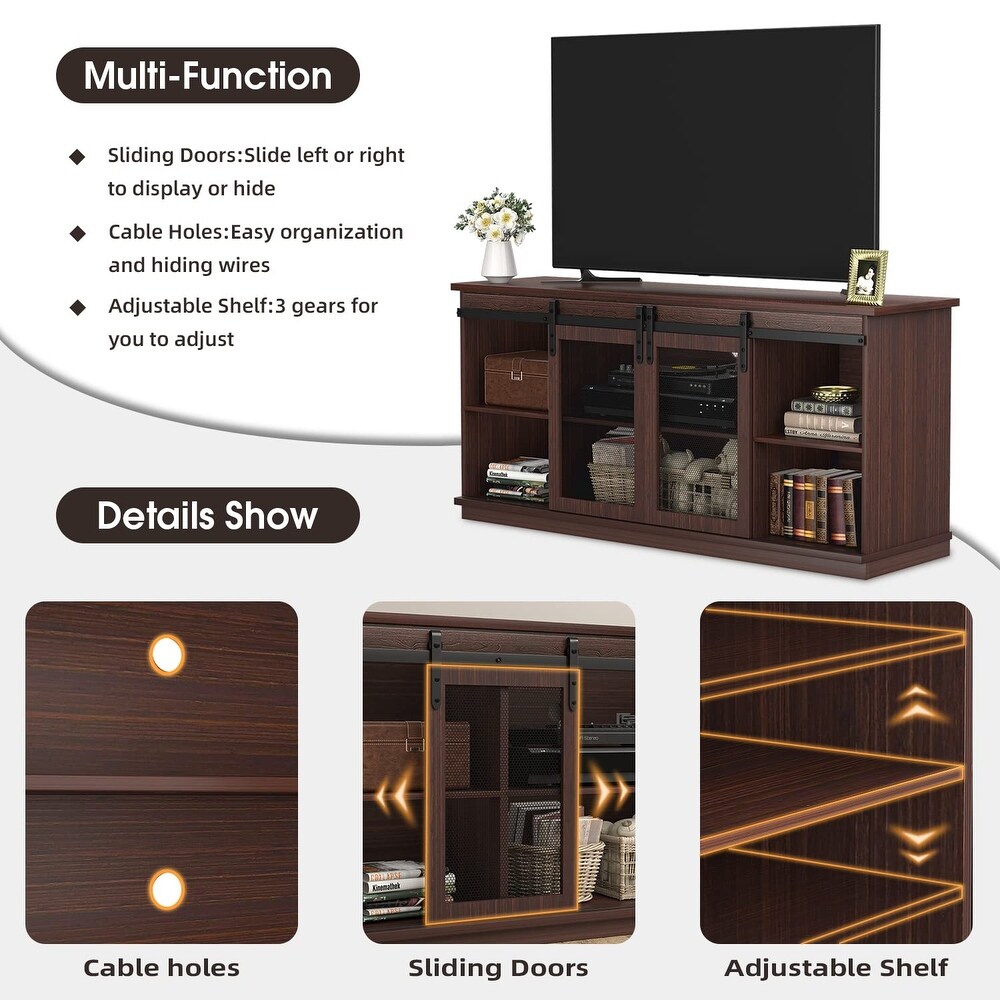 TV Stand up to 65 Inches  Modern Entertainment Center with Sliding Barn Doors and Storage Cabinets  Metal Media TV Table