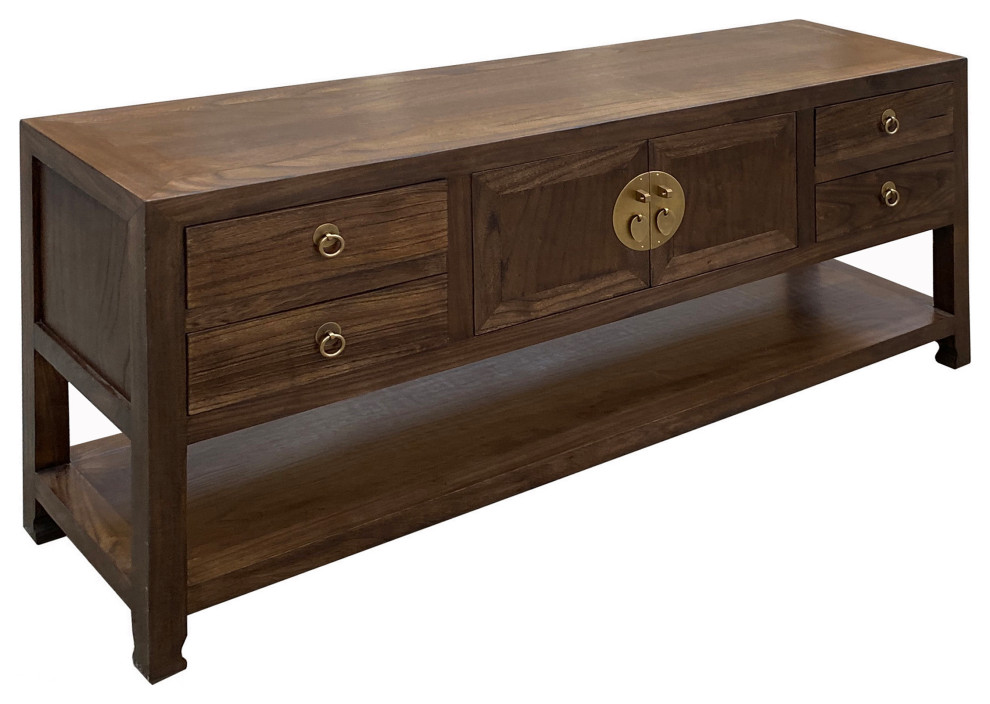 Chinese Oriental Brown Stain Low TV Console Moon Face Table Cabinet Hcs7572   Asian   Entertainment Centers And Tv Stands   by Golden Lotus Antiques  Houzz