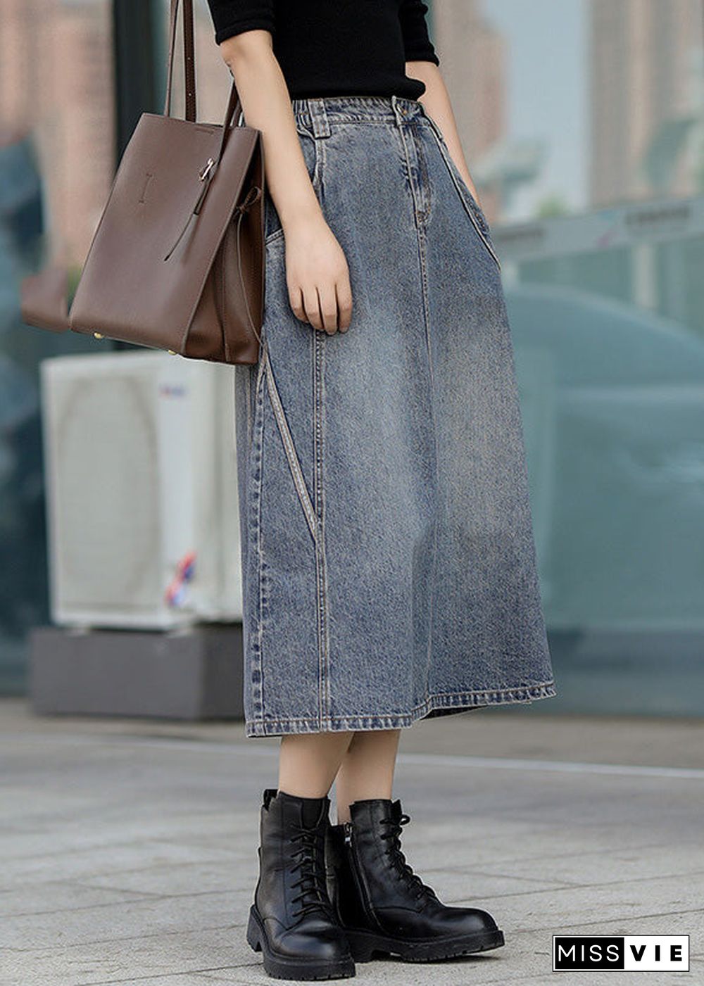 Classy Denim Blue Patchwork Elastic Waist A Line Skirt