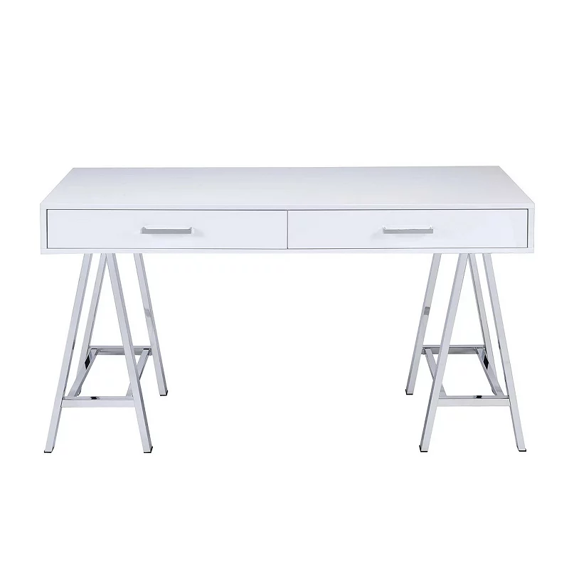 Rectangular Two Drawers Wooden Desk with Saw horse Metal Legs， Silver and White