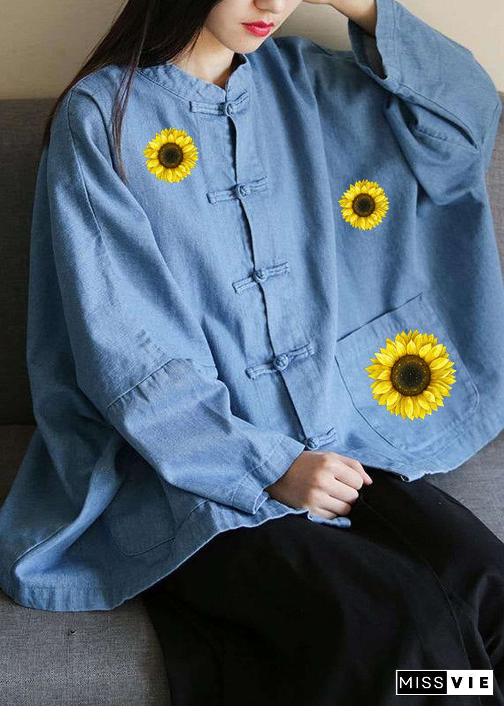 Loose stand collar Chinese Button clothes For Women Sleeve denim light blue-little flower shirts