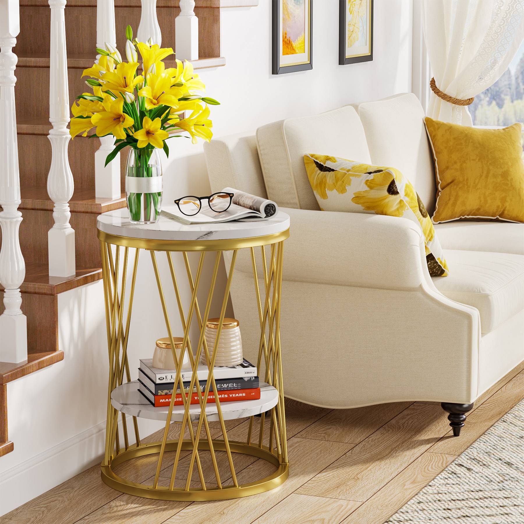 2-Tier End Table, Round Bedside Table with Faux Marble Shelves