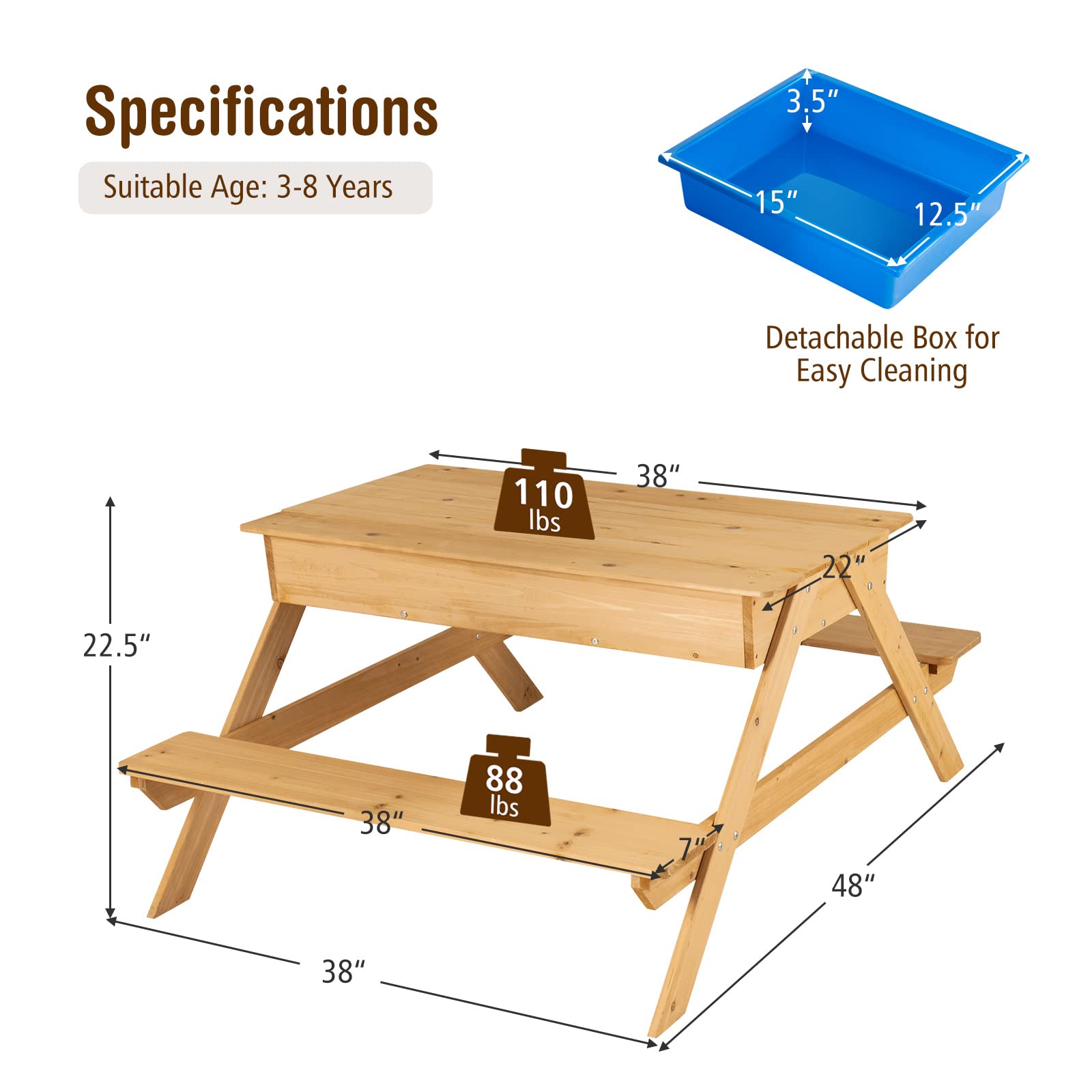 Costzon Kids Picnic Table, 3 in 1 Multipurpose Sand & Water Table w/Removable Top & 2 Storage Boxes