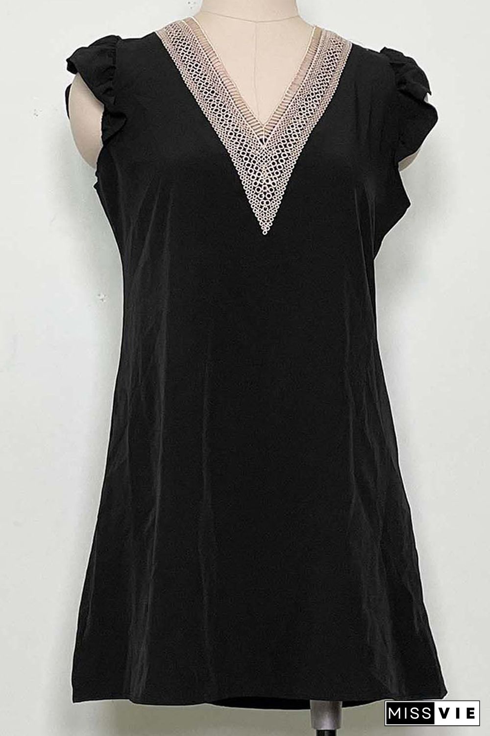 Black V Neck Lace Edge Flutter Sleeves Dress