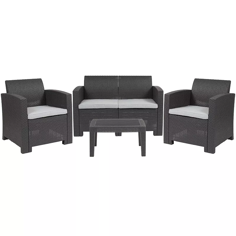 Merrick Lane Ava 4 Piece Faux Rattan Patio Furniture Set with 2 Chairs and Love Seat with Removable Cushions and Table