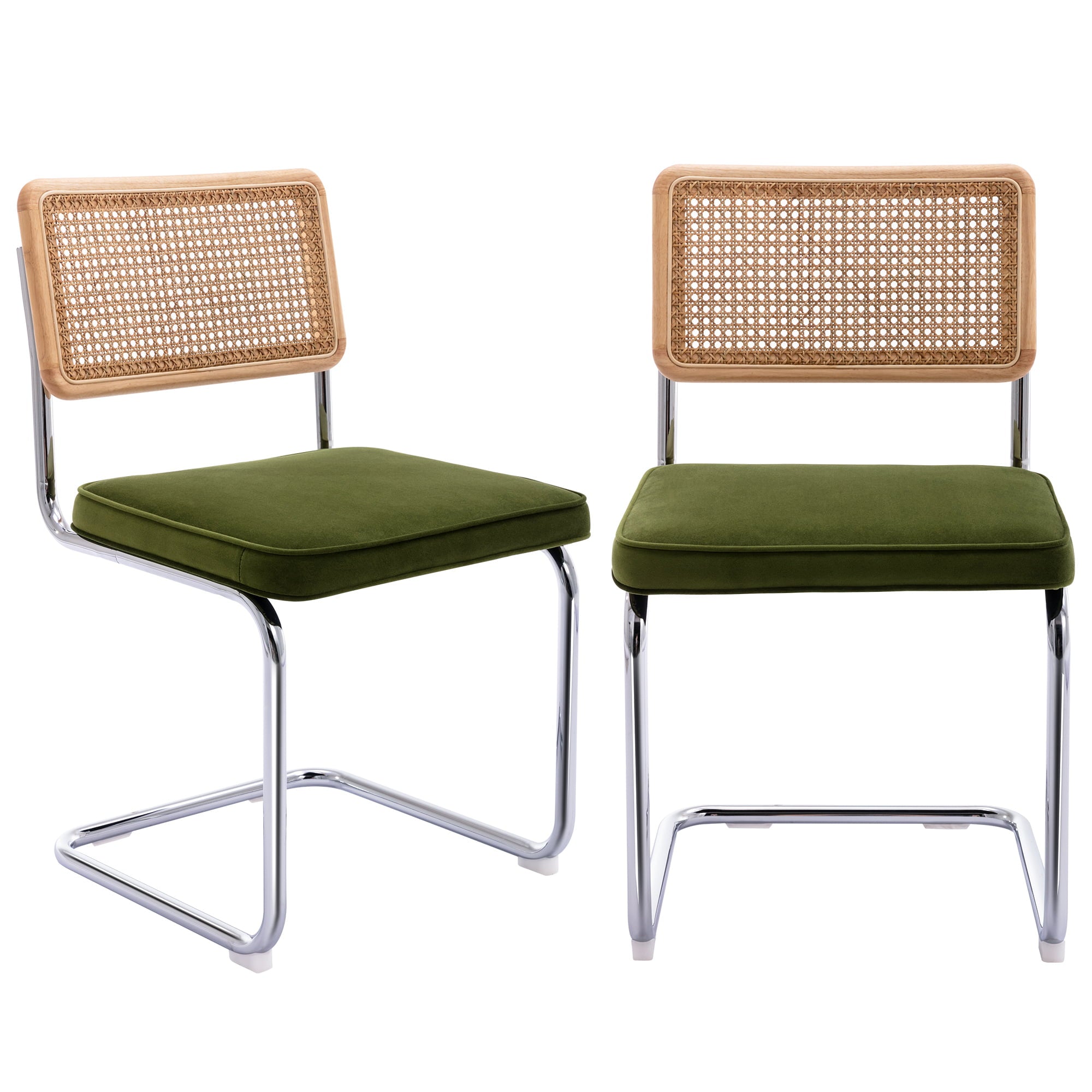 Zesthouse Rattan Dining Chairs Set of 2， Velvet Upholstered Side Chairs with Cane Back and Chrome Legs， Mid-Century Modern Dining Living Room Kitchen Chairs， Olive Green