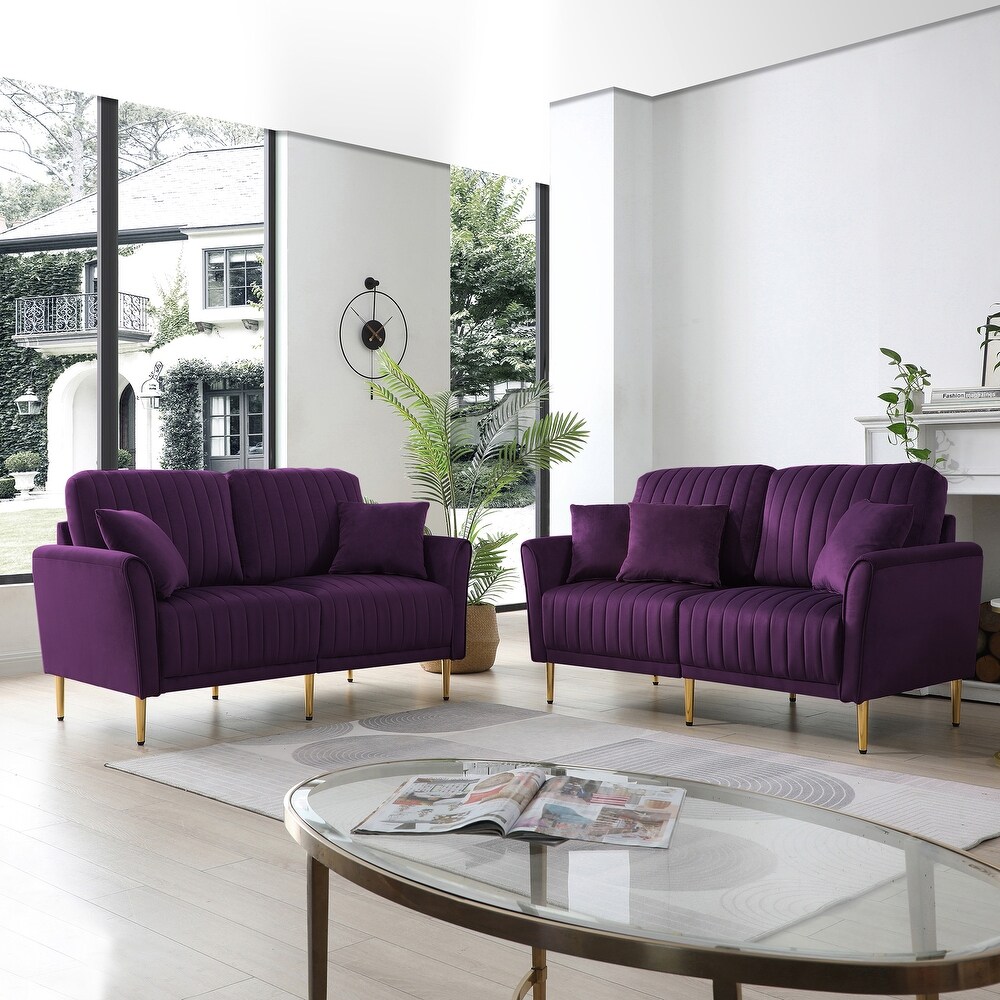 Purple Luxurious Velvet Sofa Set with Tufted Cushions (2 Loveseat + 4 Pillows)