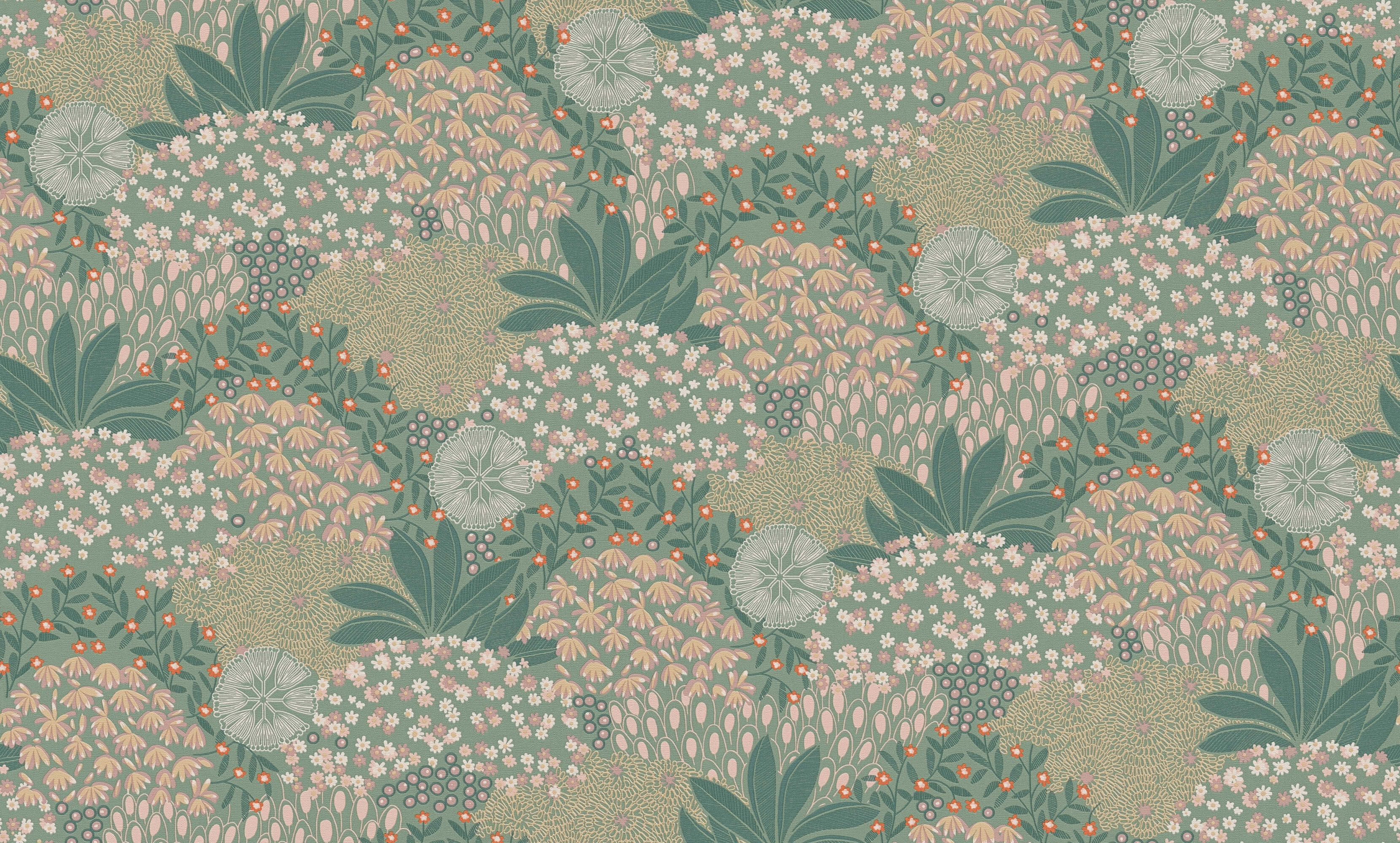 Forest Bloom Motif Wallpaper in Green/Pink