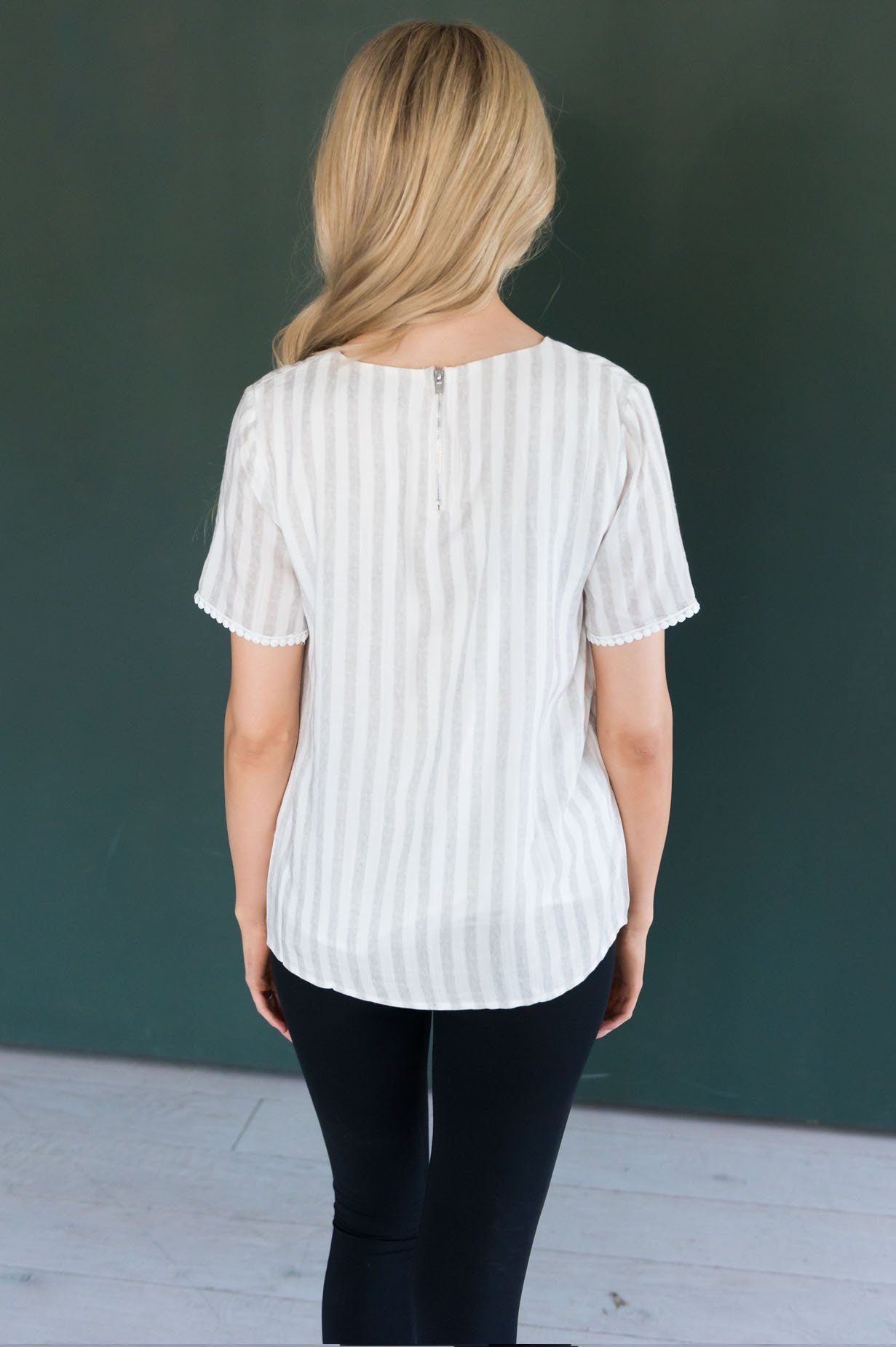 The Almighty Pom Detail Striped Modest Blouse