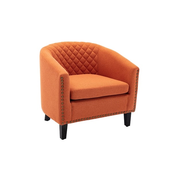 Modern Accent Barrel Chair with Nailheads， Wood Legs and Chrome Nailhead Trim， Living Room Chair with Curved Edges， Orange