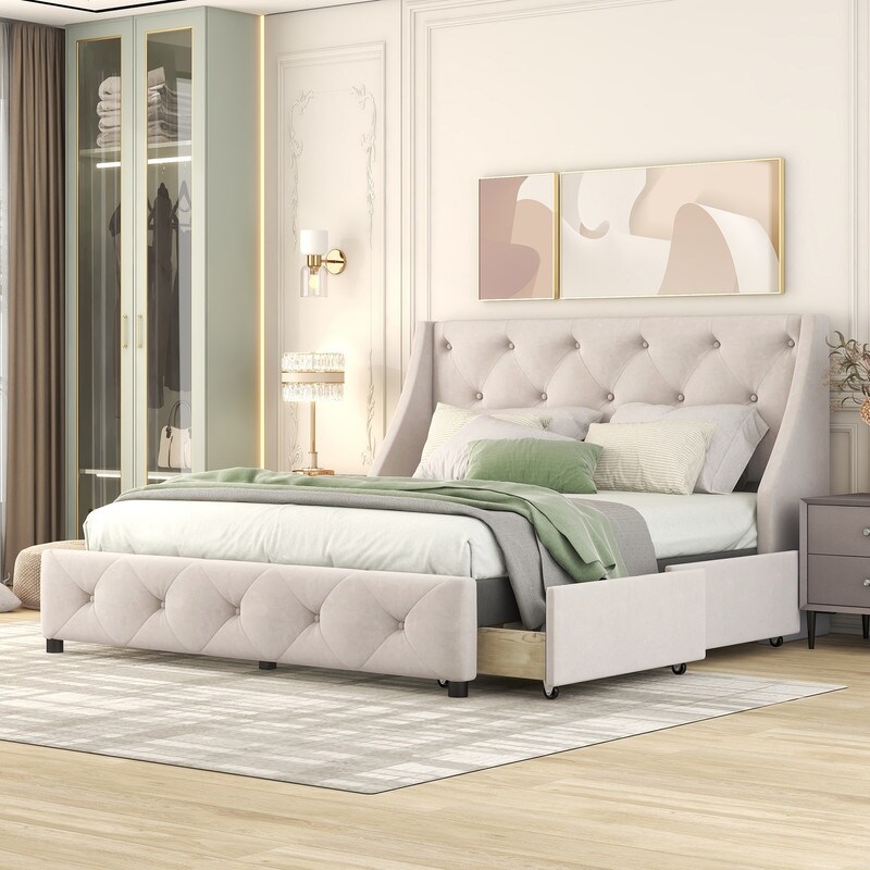 Queen Size Platform Bed with 4 Storage Drawers  Upholstered Platform Queen Bed Frame with Wingback Tufted Headboard