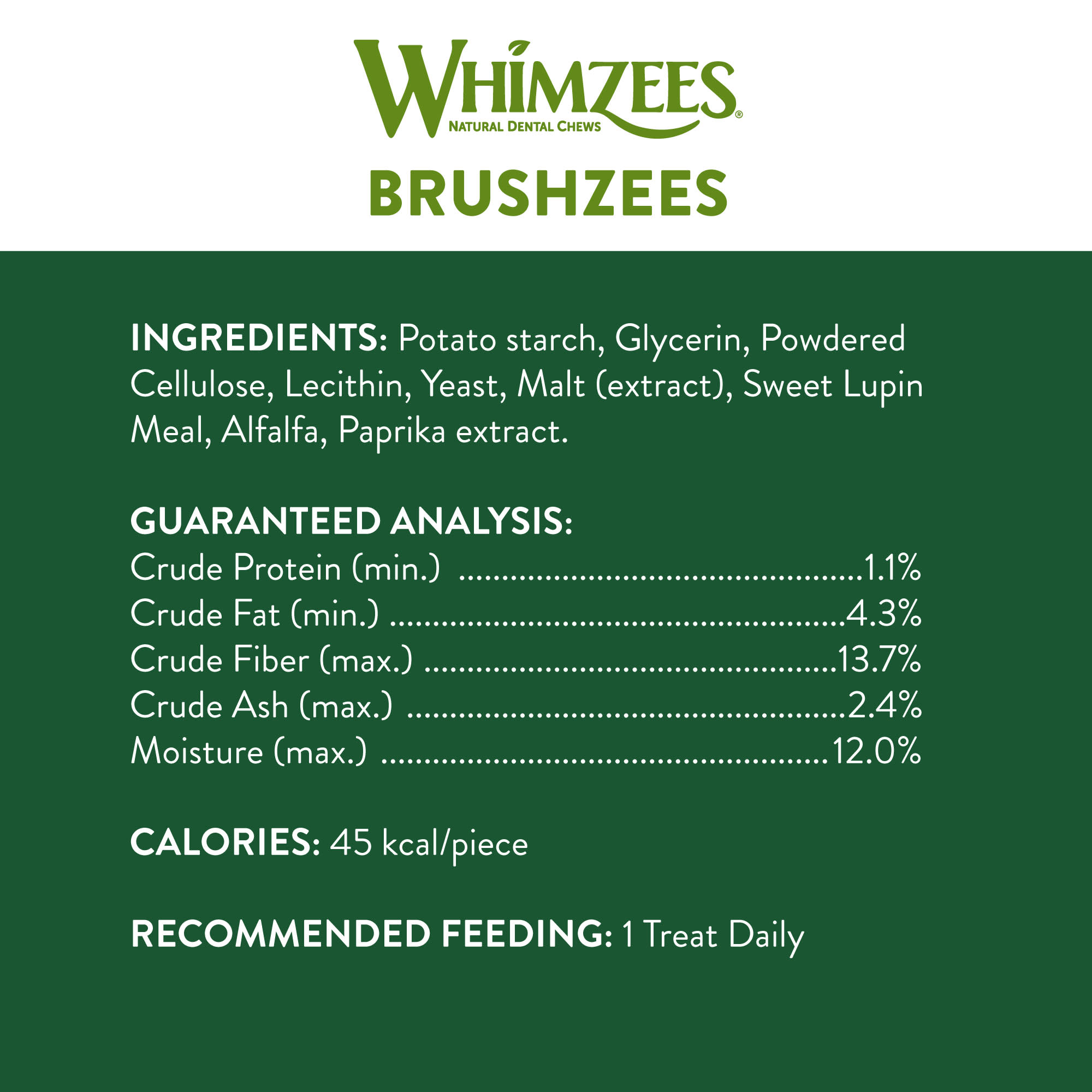 Whimzees Natural Grain Free Daily Dental Long Lasting Brushzees Small Dog Treats， 12.7 oz.， Pack of 24