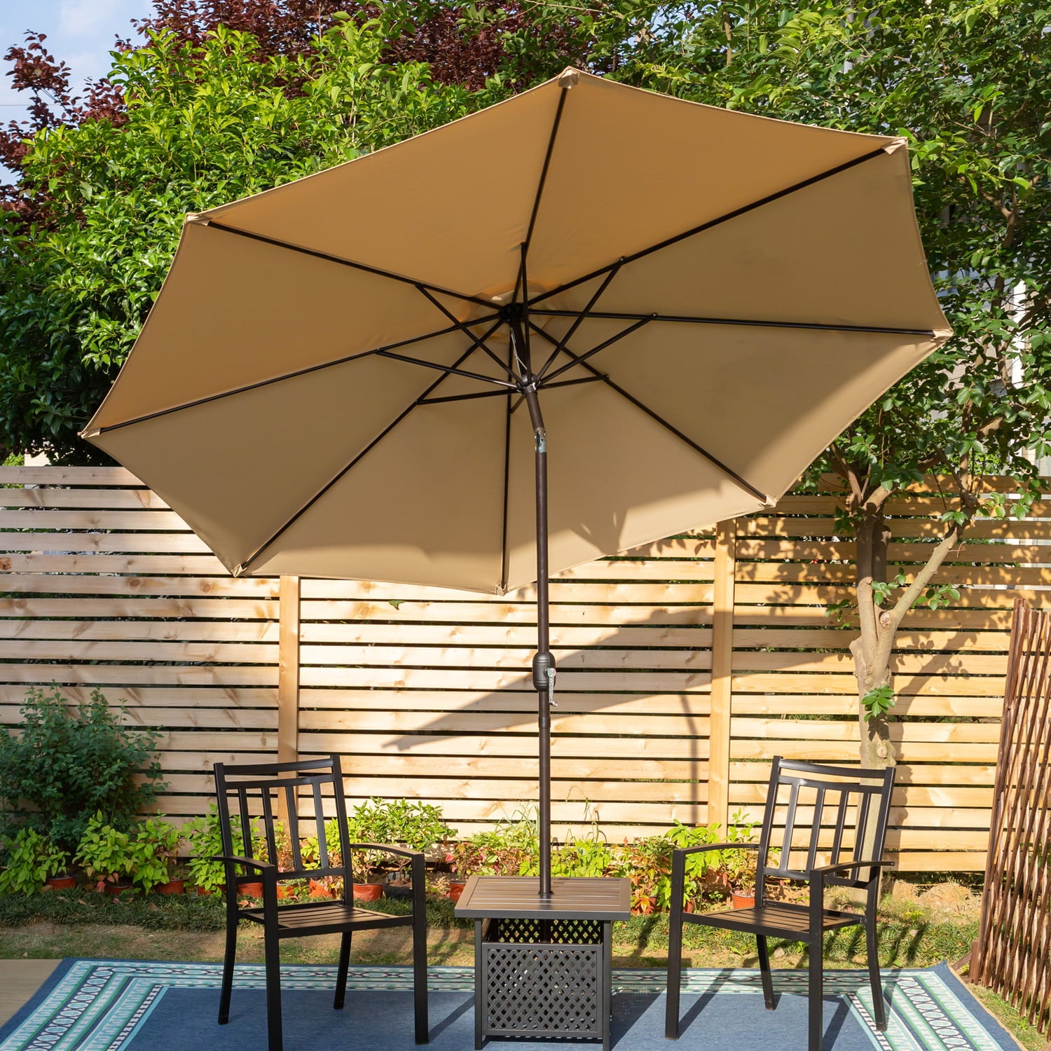 MF Studio 9ft Patio Umbrella with 8 Sturdy Ribs with Push Button Tilt/Crank Outdoor Market Table Umbrellas, Beige