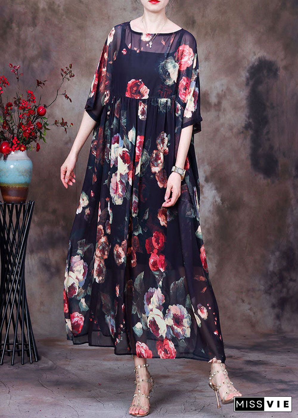 Plus Size Black O-Neck wrinkled Print Chiffon Beach Dress Two Pieces Set Summer