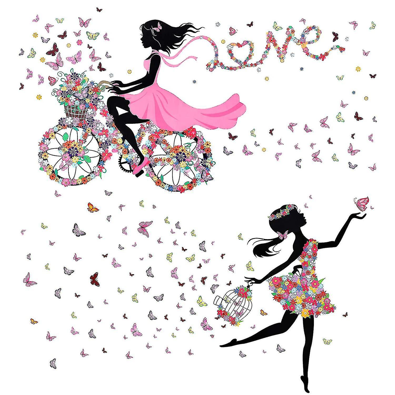 2 Sheets Flower Fairy Wall Murals Girl Wall Decals With Flowers And Butterflies Decorative Girl On Bicycle Wall Stickers For Girls Kids Bedroom Birthd