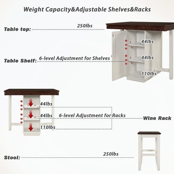 Wood Table with 3-Tier Adjustable Storage Shelves and Wine Racks