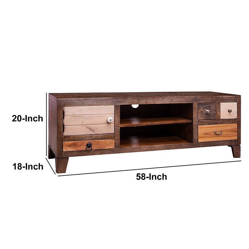 57 Inch 4 Drawer Mango Wood Media Console Cabinet， 1 Door， 2 Compartments， Brown