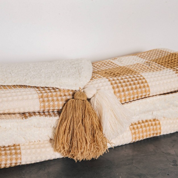 Buffalo Check Waffle Woven Faux Shearling Reversible Throw Blanket Mustard Freshmint