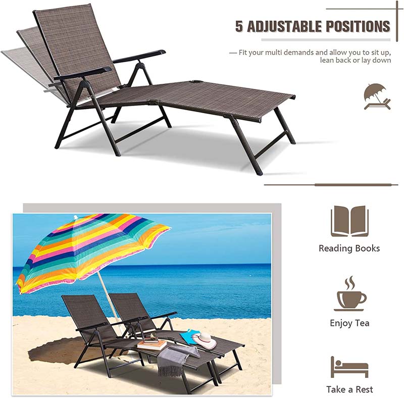 2 Pcs Folding Pool Lounger Weatherproof 5-Position Outdoor Chaise Lounge Chair for Lawn Patio Garden Beach