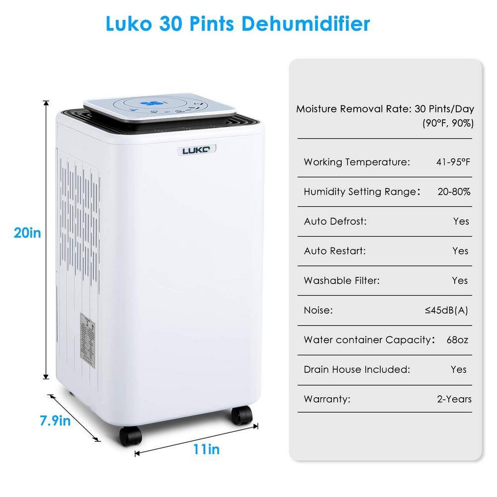 Xppliance 30 pt. 2000 sq. ft. Dehumidifier in White for Home with Dry Clothes Function Auto or Manual Drainage ZJOLWBRY03