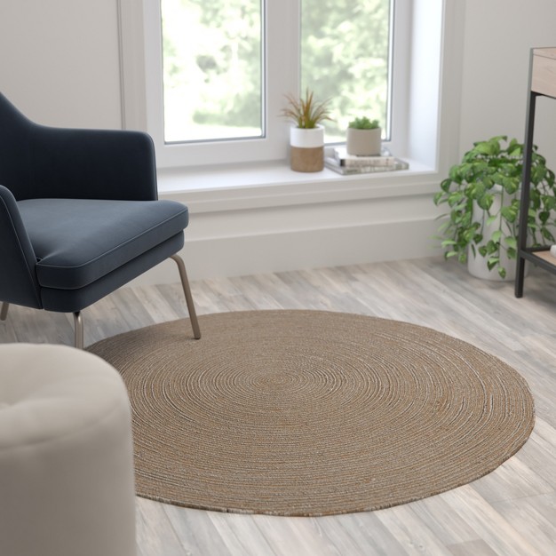 Emma And Oliver Round Braided Design Natural Jute And Polyester Blend Indoor Area Rug 4 Foot