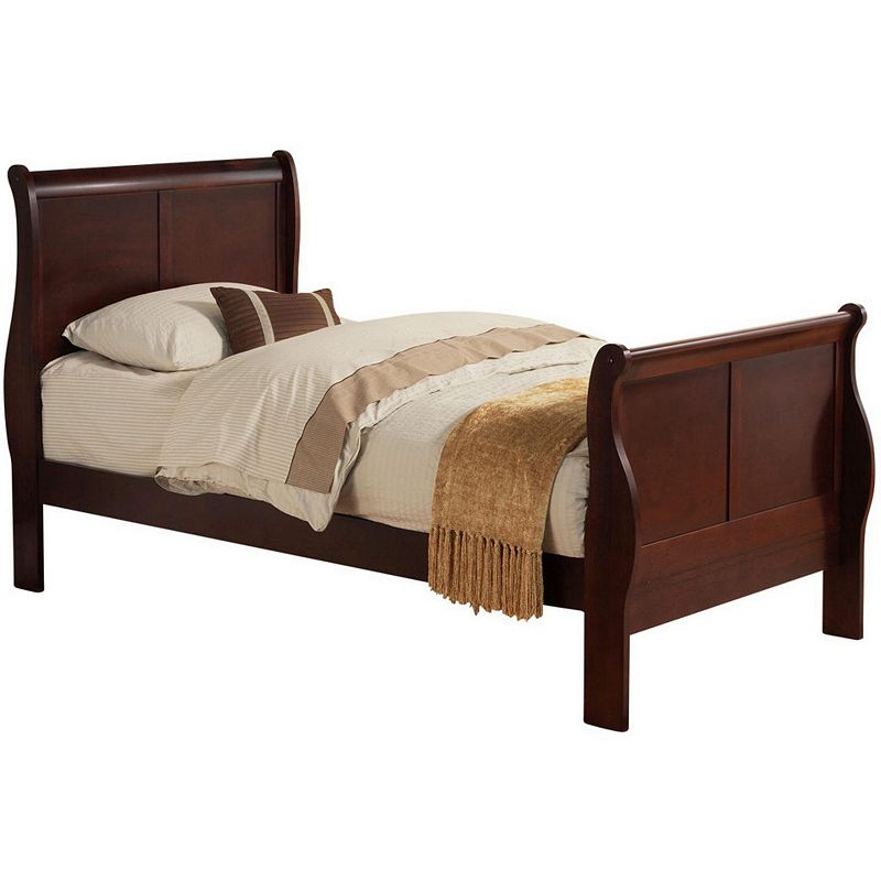 Transitional Panel Design Sleigh Twin Size Bed， Cherry Brown