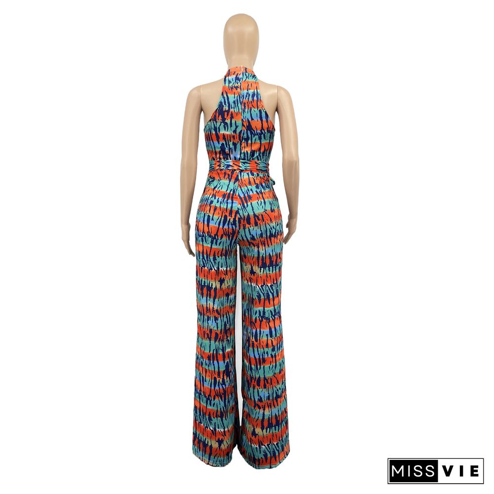 Summer Tie Dye Printed Woman Sleeveless O Neck Sashes One Piece Wide Leg Jumpsuit