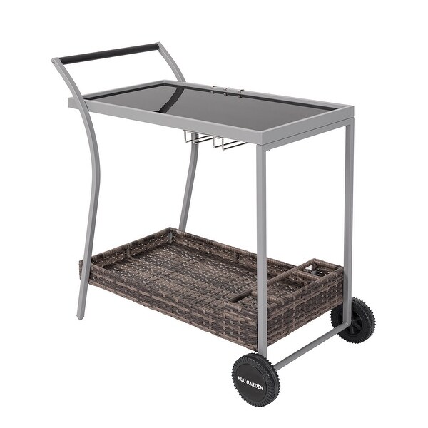 Outdoor 2Tier Wicker Bar Cart on Wheels with Tempered Glass Board