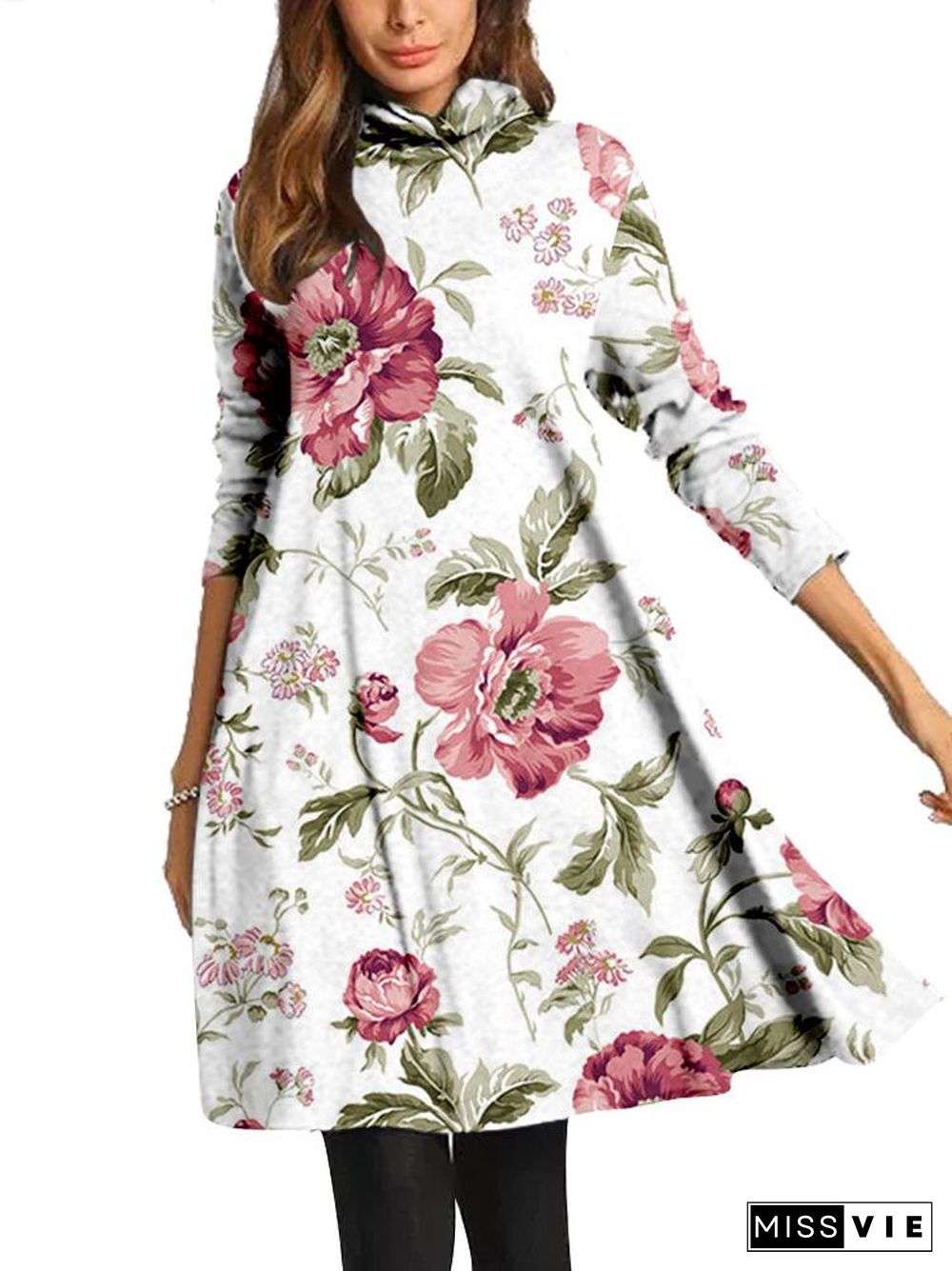 Women Long Sleeve Scoop Neck Printed Midi Dress