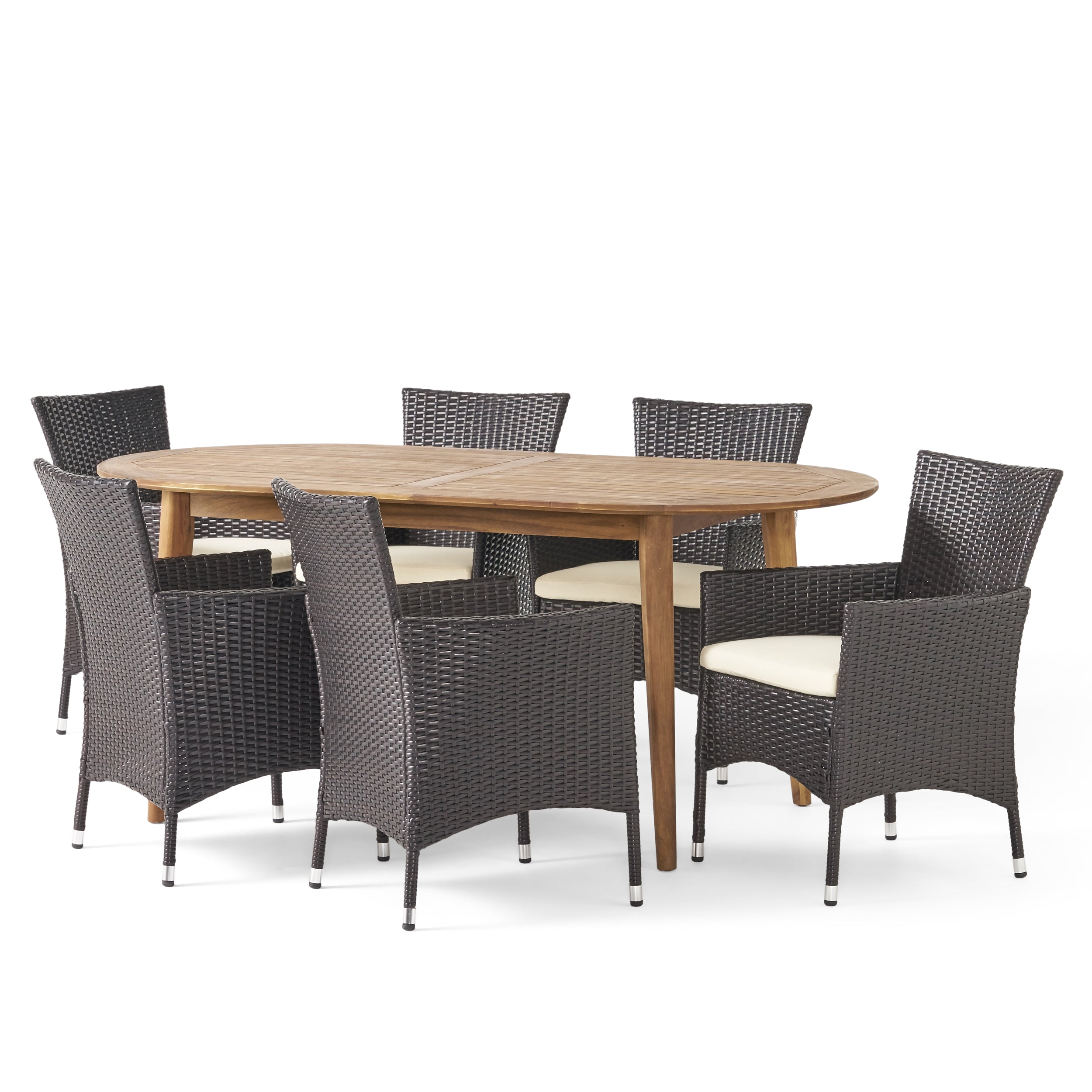 Stanford Outdoor 7-Piece Acacia Wood Dining Set with Wicker Chairs and Cushions