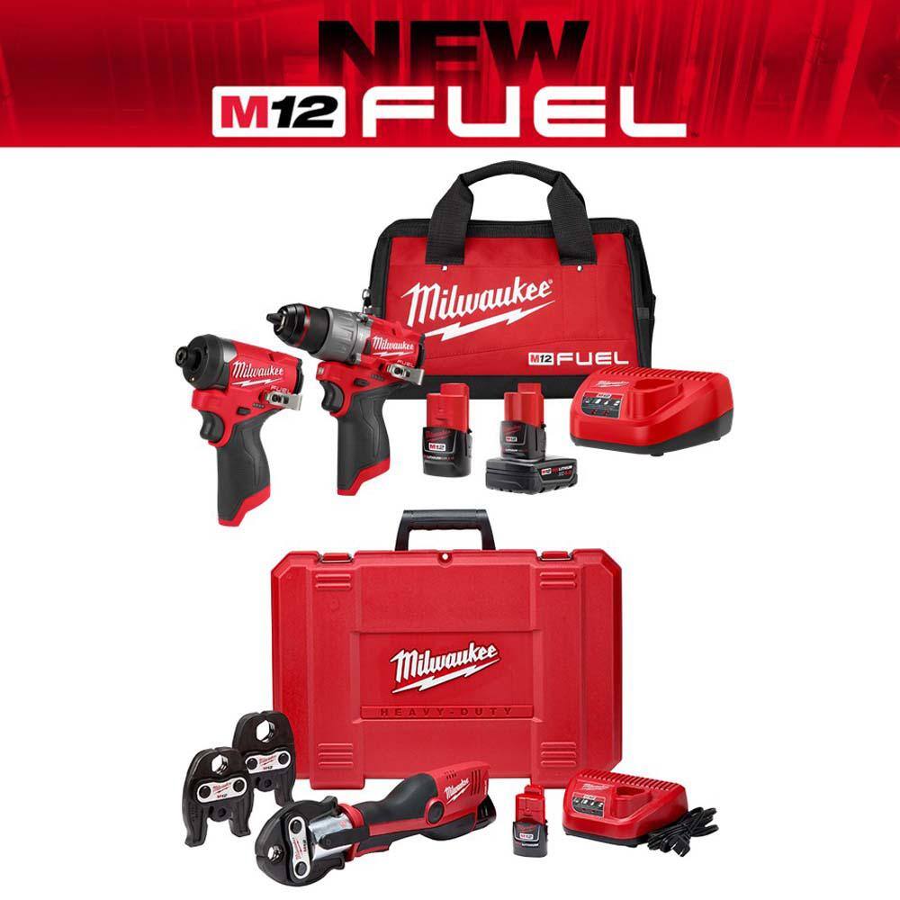 MW M12 12-Volt Lithium-Ion Force Logic Cordless Press Tool Kit (3 Jaws Included) with M12 Fuel Combo Kit 2473-22-3497-22