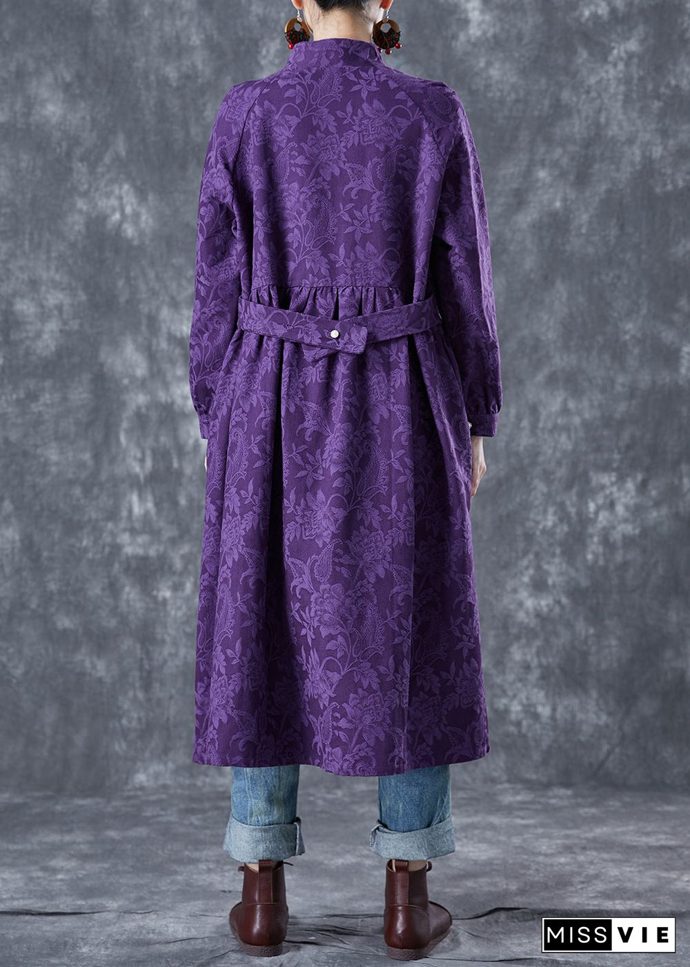 Chinese Style Purple Stand Collar Jacquard Linen Maxi Dresses Spring