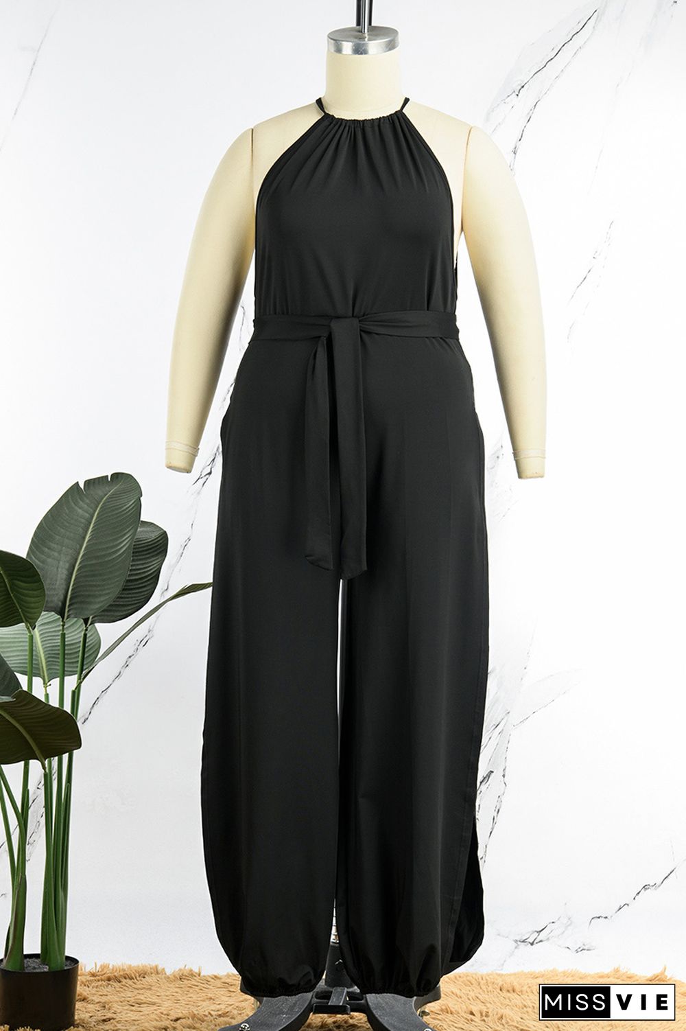 Black Sexy Casual Solid High Opening Halter Plus Size Jumpsuits(With Belt)