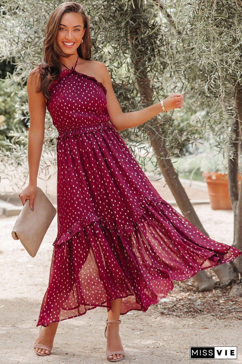 Red Polka Dot Print Ruffled Halter Neck Backless Long Dress