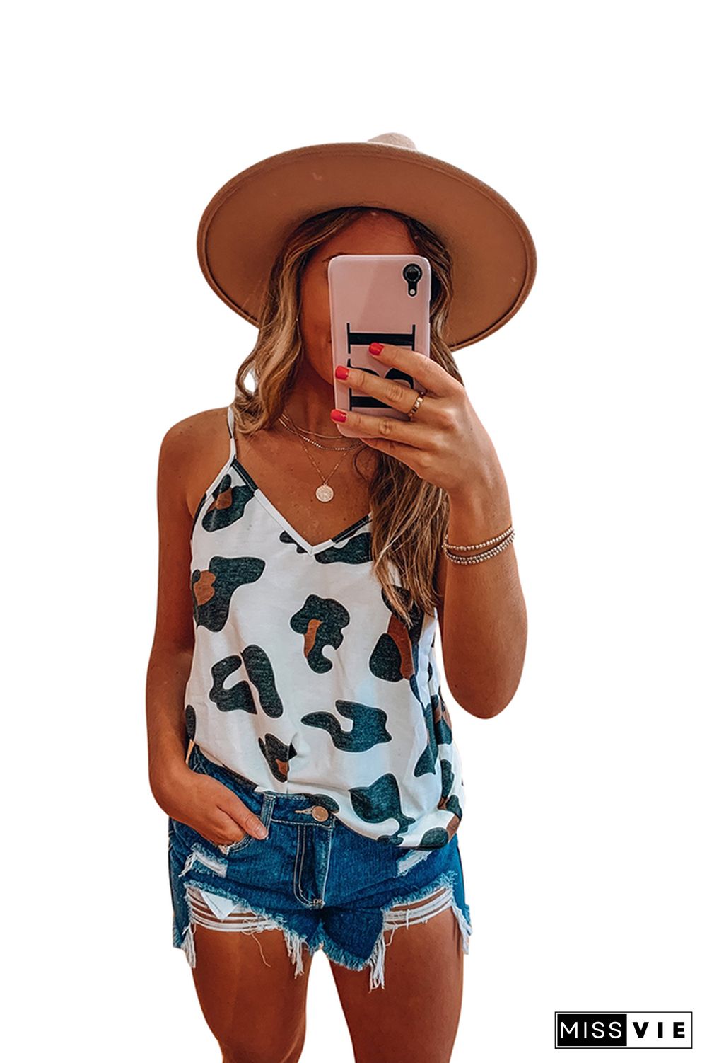 White Printed V-Neck Vest Tank Top