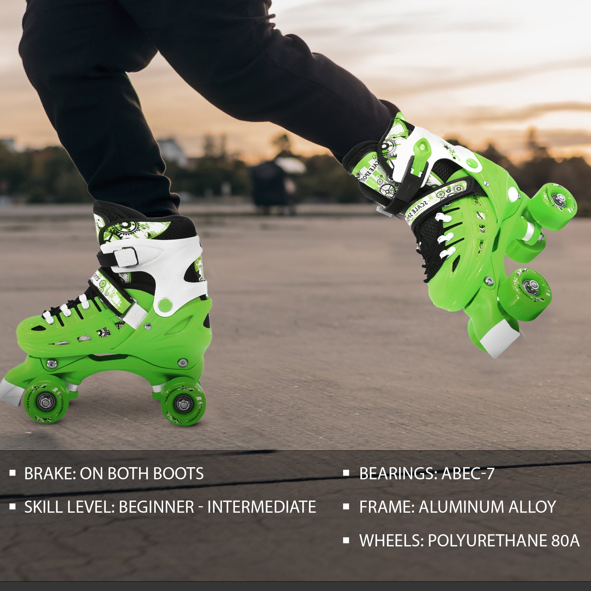 Adjustable Green Quad Roller Skates For Kids Medium Sizes