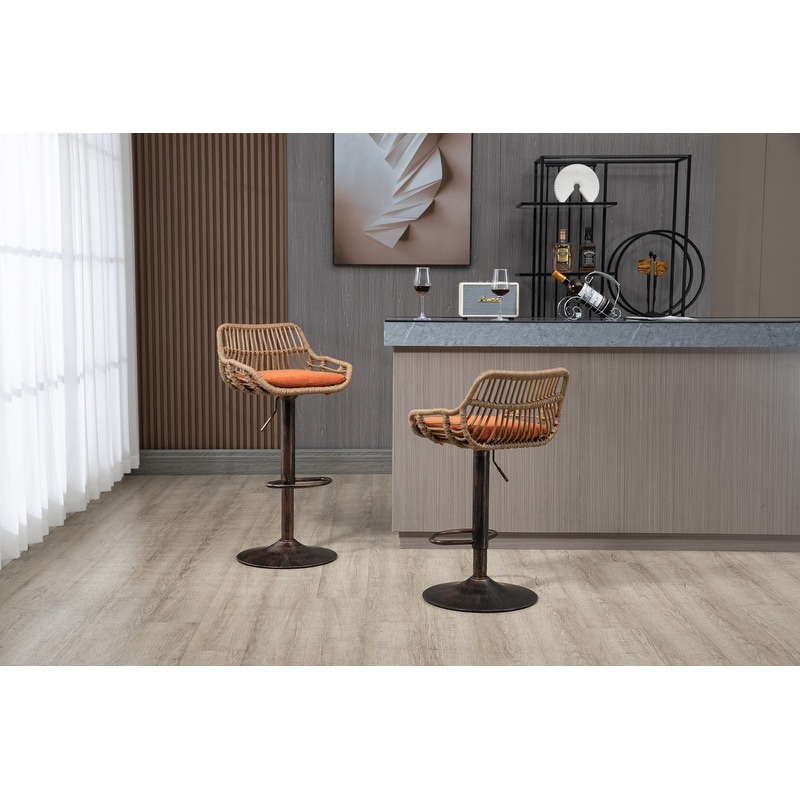 Modern Bar Stool Set of 2  Rattan Barstools Height Adjustable Bar Chairs Swivel Barstools with Footrest for Kitchen  Dining Room