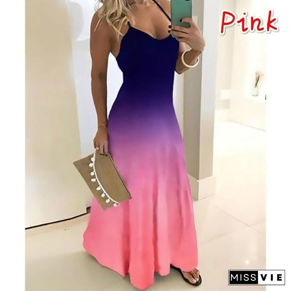 Summer Dress Fashion Clothes Women's Casual Off Shoulder Sleeveless Dress String Strap Halter Party Dress Ladies Deep V-Neck Floral Printed Beach Wear Plus Size Maxi Dress Xs-8Xl