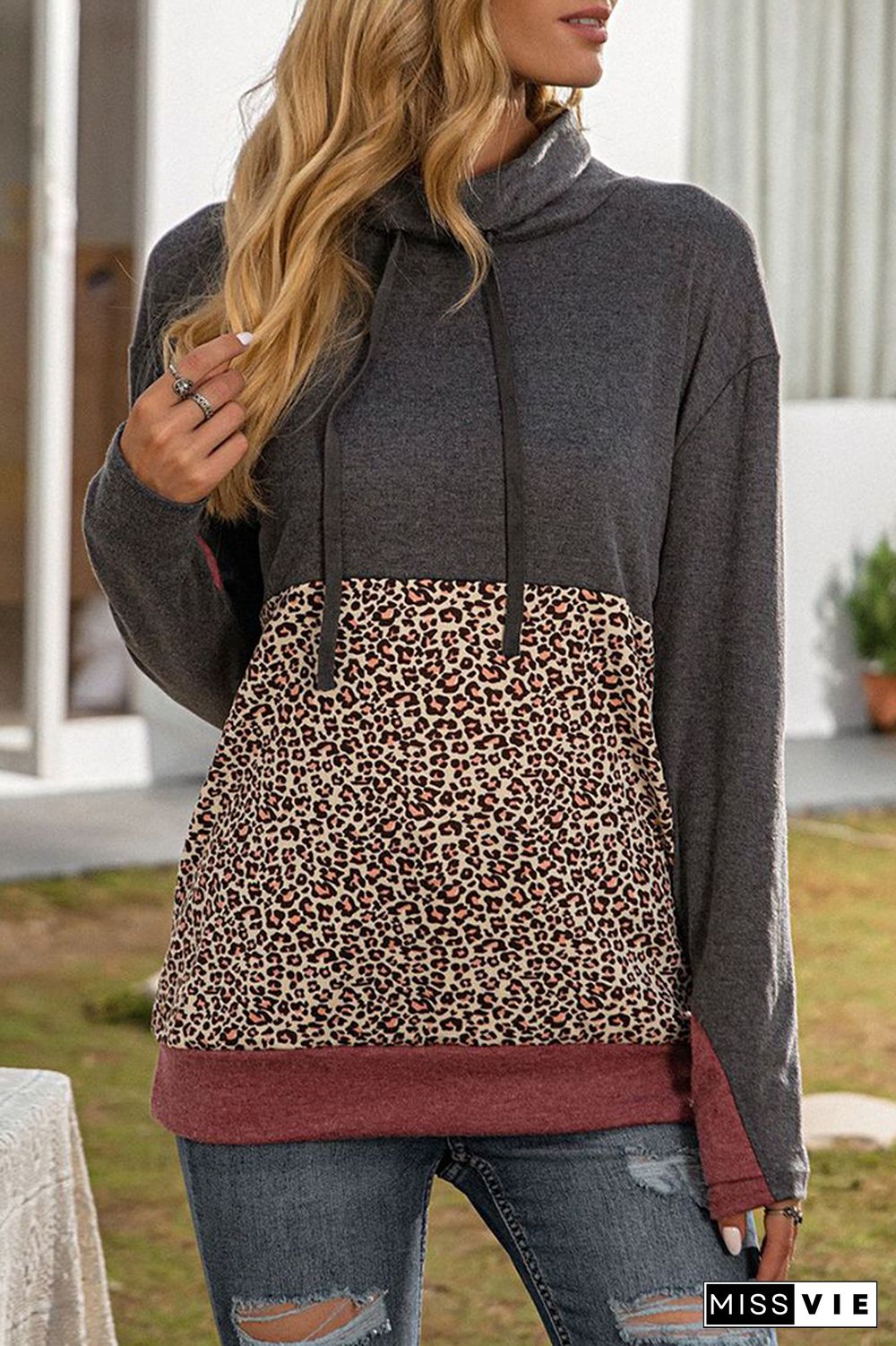 Leopard Print Splicing Hoodie Women Wholesale