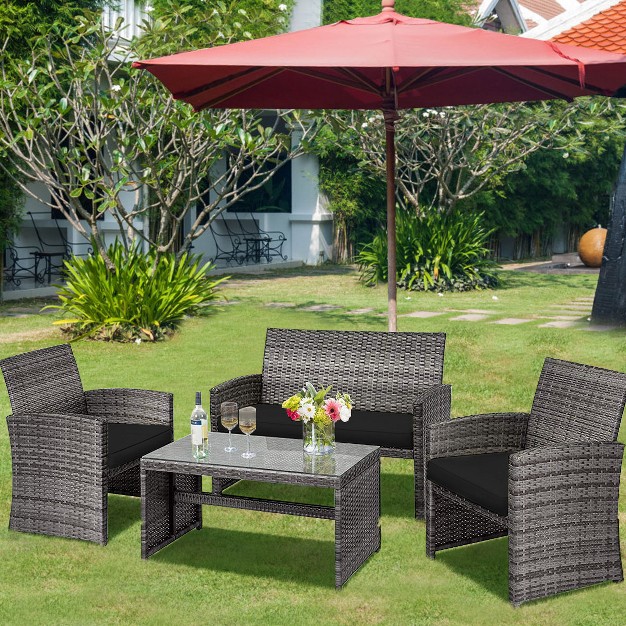 Tangkula 4 piece Outdoor Patio Furniture Set Rattan Wicker Conversation Sofa Set Black