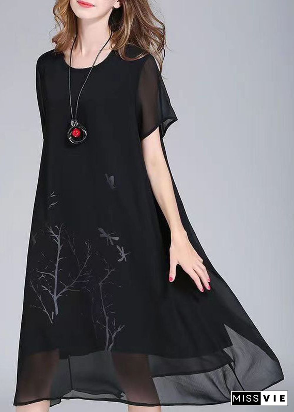 Organic Black O Neck Print Patchwork Chiffon Dresses Summer