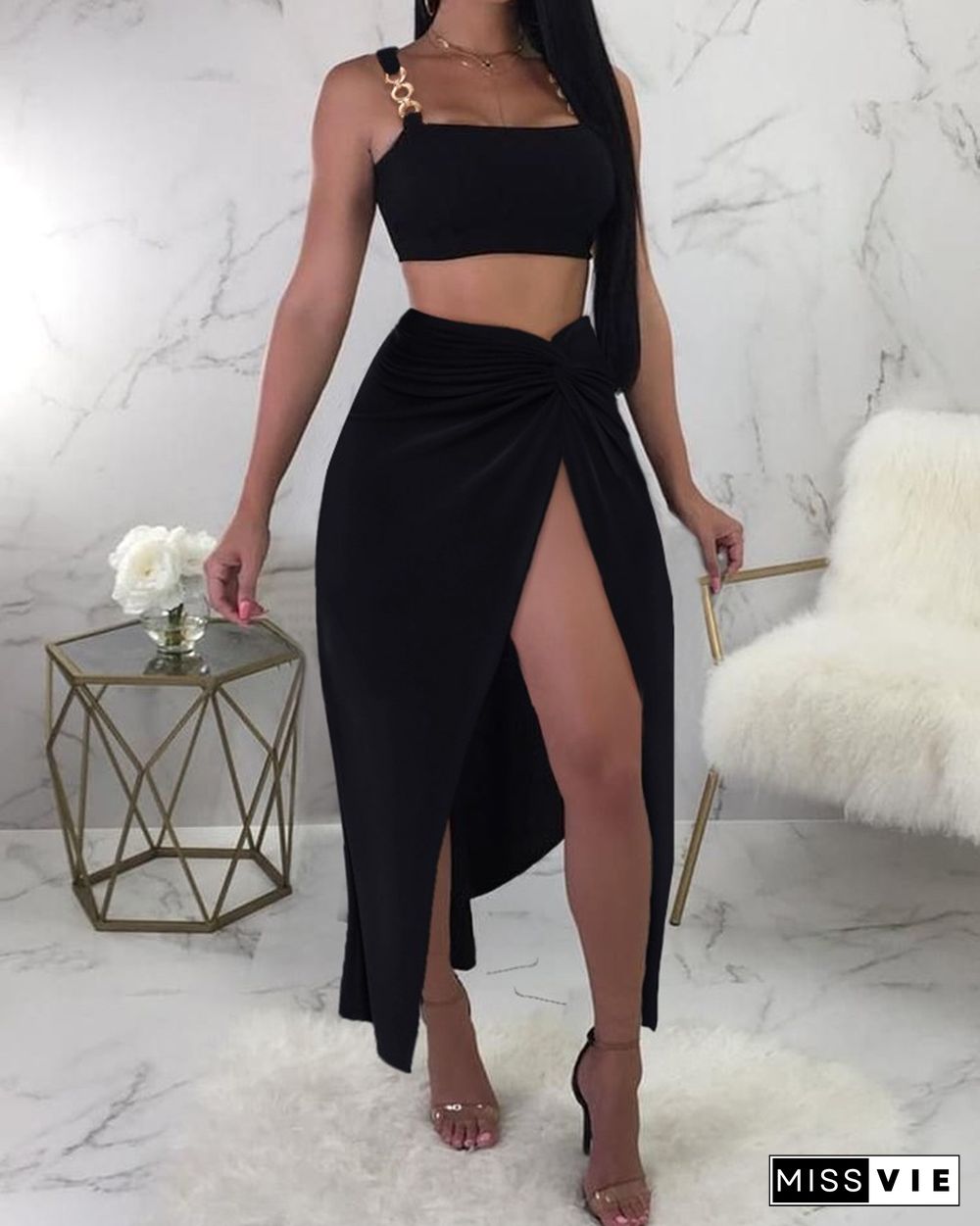 Chain Strap Crop Top & High Slit Twisted Skirt Set