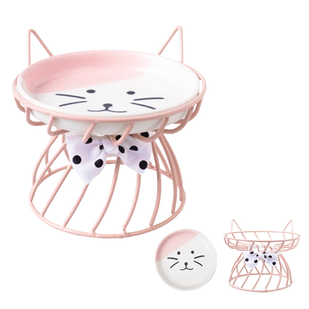 Feelers Cat Bowls, Raised Ceramic Cat Dish with Metal Stand, Elevated Cat Food Bowl for Indoor Kitten, Cat, and Small Dog, Dishwasher Safe, Pink