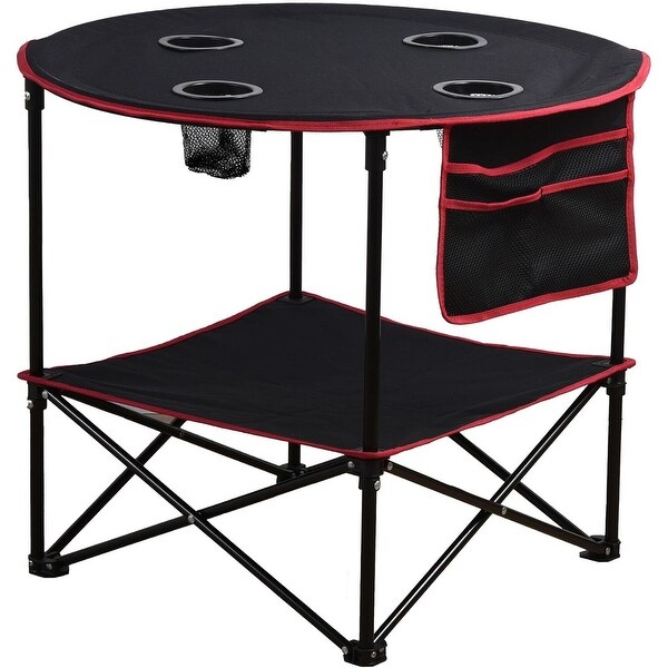 Folding Camping Table with 4 Cup Holders With Side Storage Bag，Black+red