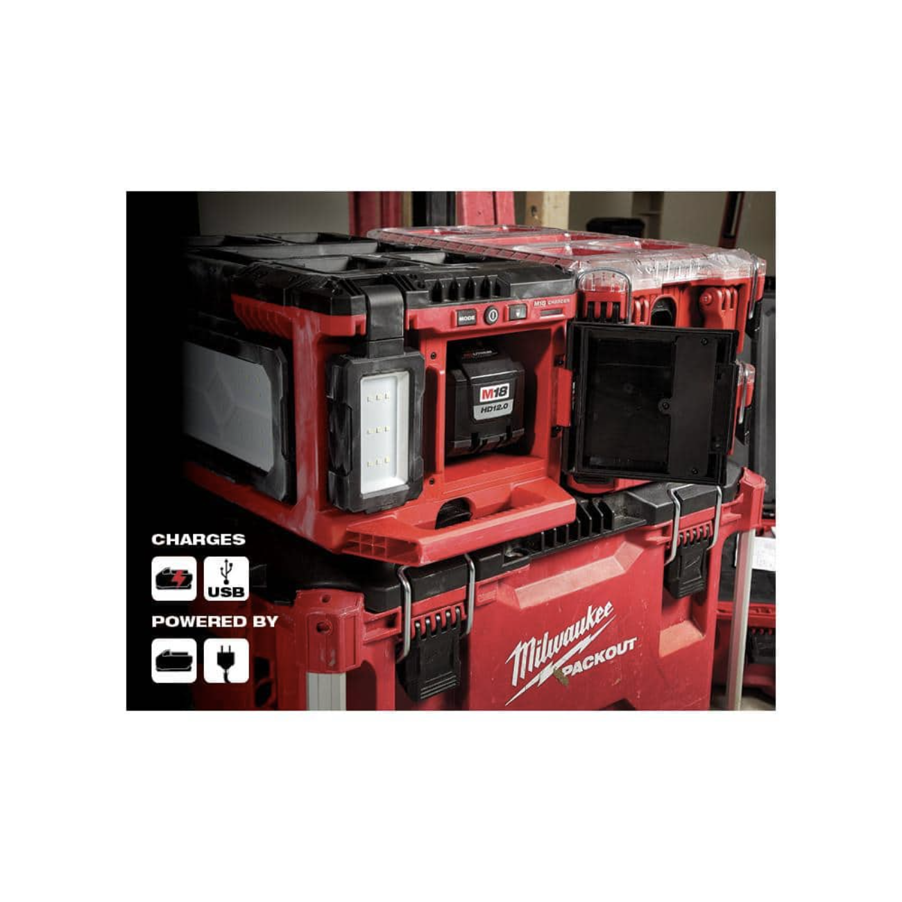 Milwaukee M18 18-Volt Lithium-Ion Cordless PACKOUT 3000 Lumens LED Light， Charger