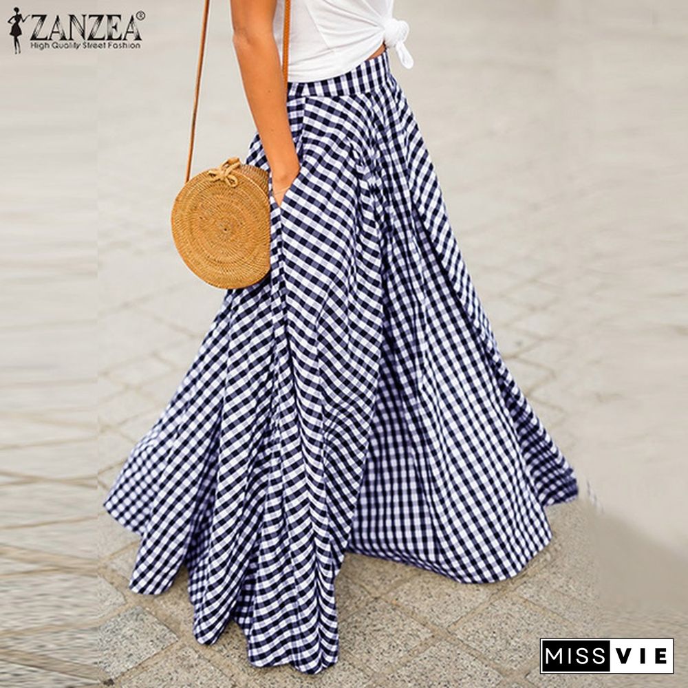 Zanzea Womens A-Line Plaid Summer Pockets Long Skirts Gonna Donna