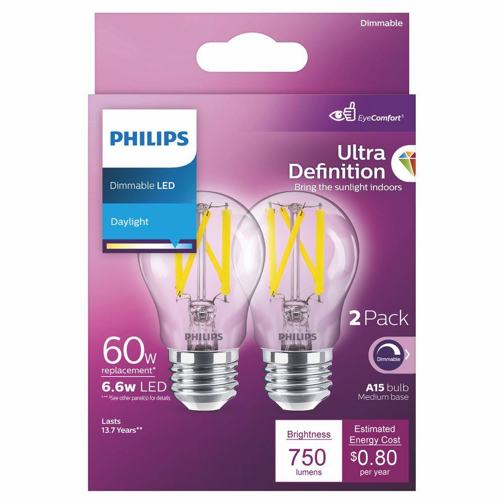 Philips 60-Watt Equivalent A15 Ultra Definition Dimmable Clear Glass E26 LED Light Bulb Daylight 5000K (2-Pack) 573402