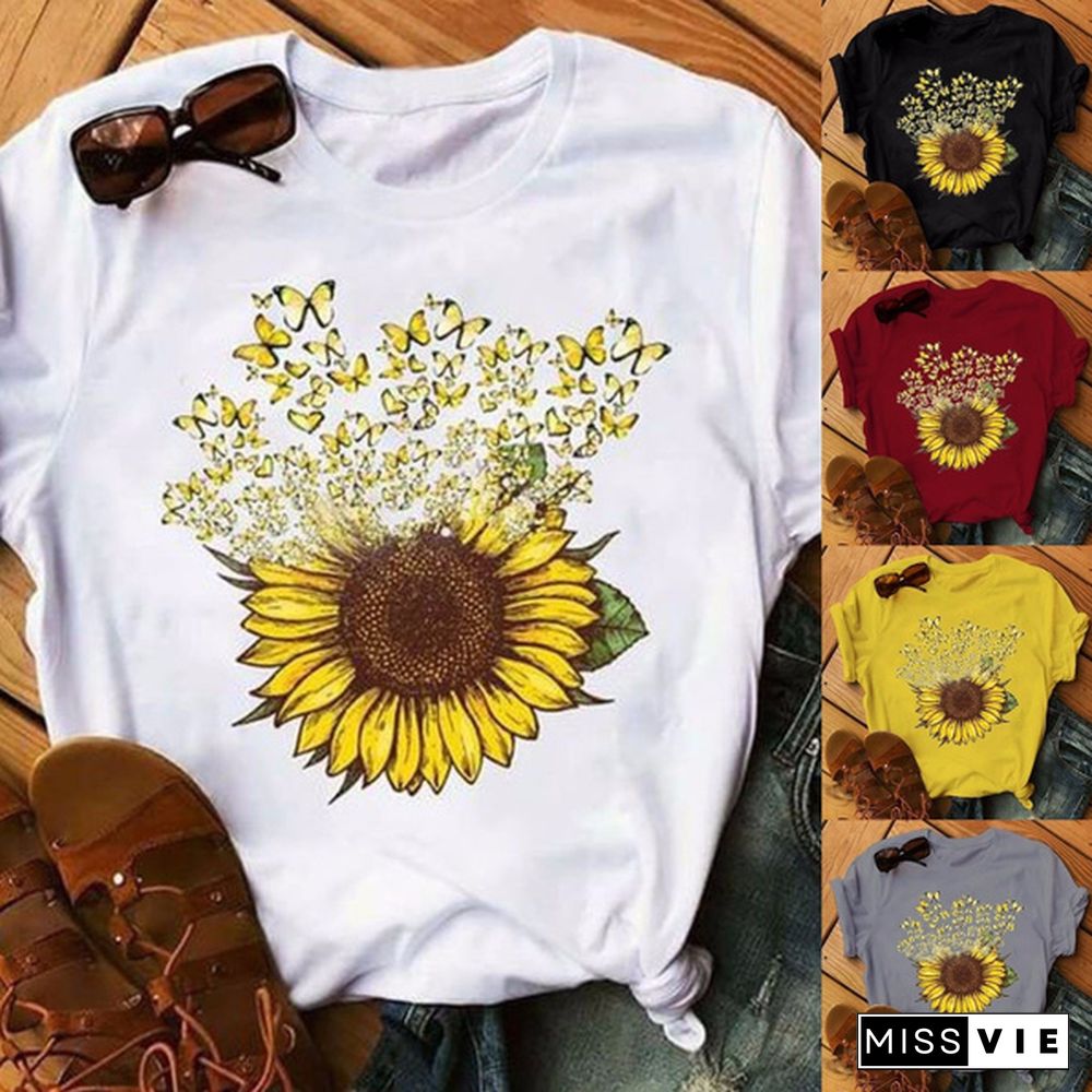 New Fashion Butterfly Sunflower Printed T-shirt for Women Graphic Tee Shirt Ladies Summer Casual Short Sleeve Tee Tops Clothes