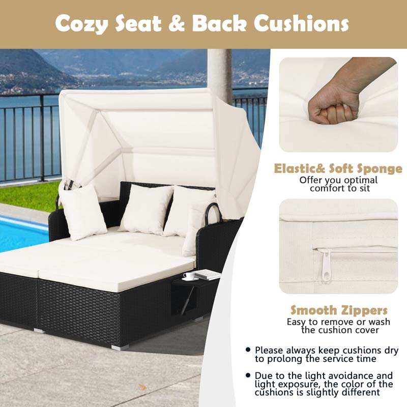 Hand-Woven Rattan Patio Daybed with Retractable Canopy & Side Tables, Outdoor Double Conversation Sunbed